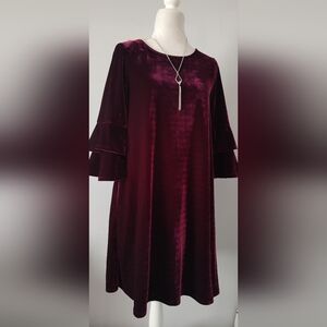 Velvet Womens Dress AGB  Style  Color Burgundy Ruffle Sleeve Size  Small New